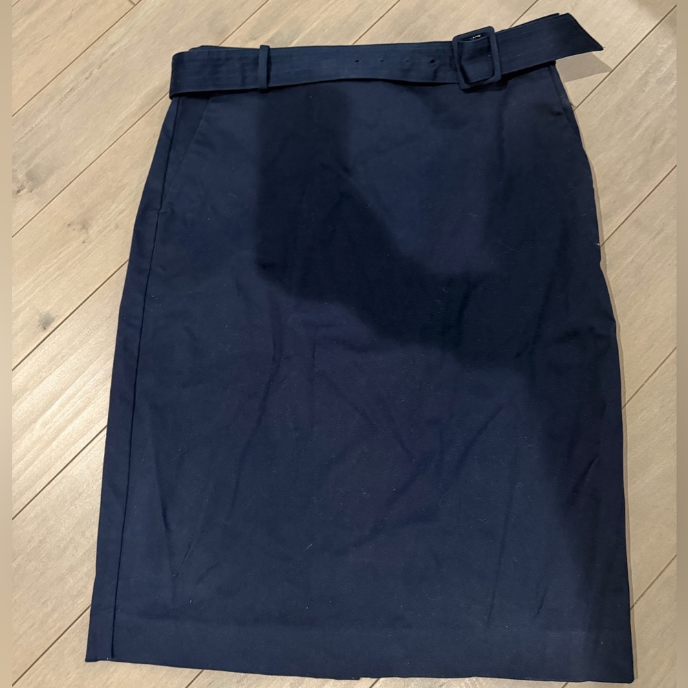 J Crew Factory Sateen Belted Pencil Skirt Size 6 Navy Blue